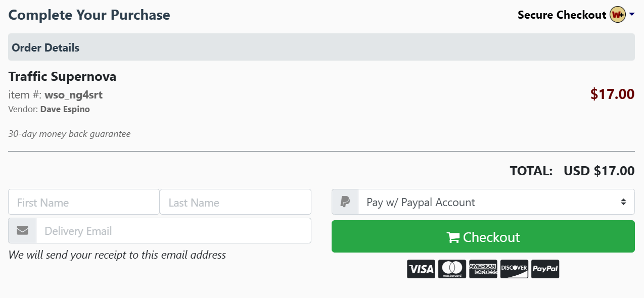 Traffic Supernova Checkout Page
